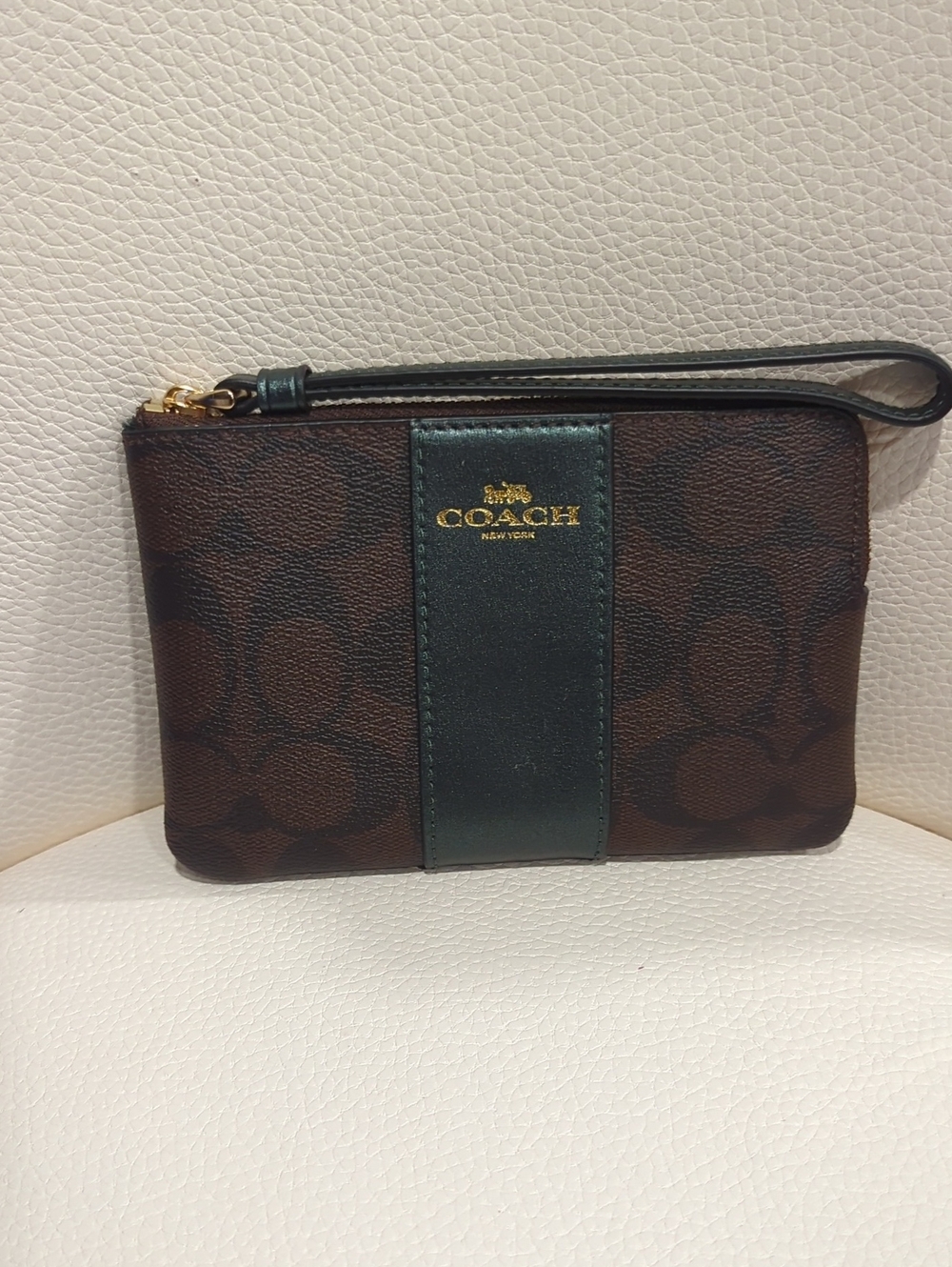 Coach Brown Monogram Wristlet with Black Center Stripe